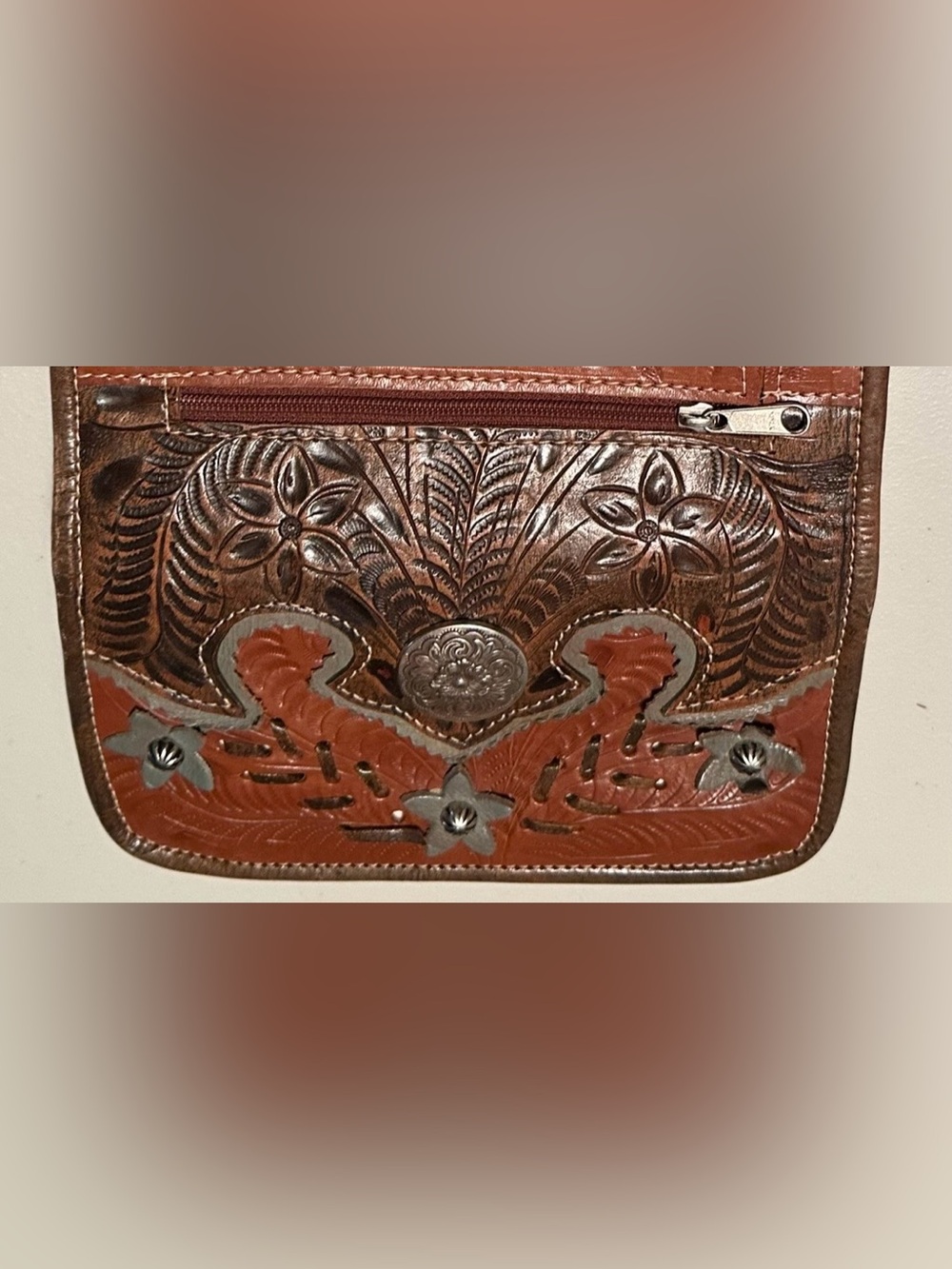 Beautiful American West Desert Wildflower Hand-Tooled Brown Leather wallet.